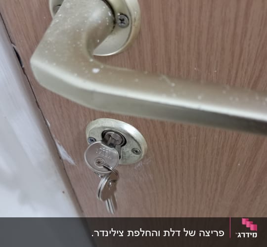 מפתח מושחל בצילינדר דלת עץ עם ידית מתכת